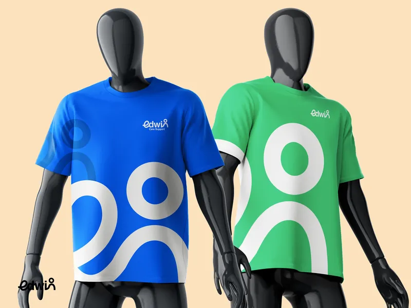 Two mannequins in blue and green EdwinCare T-shirts with the white figure motif and edwin script logo