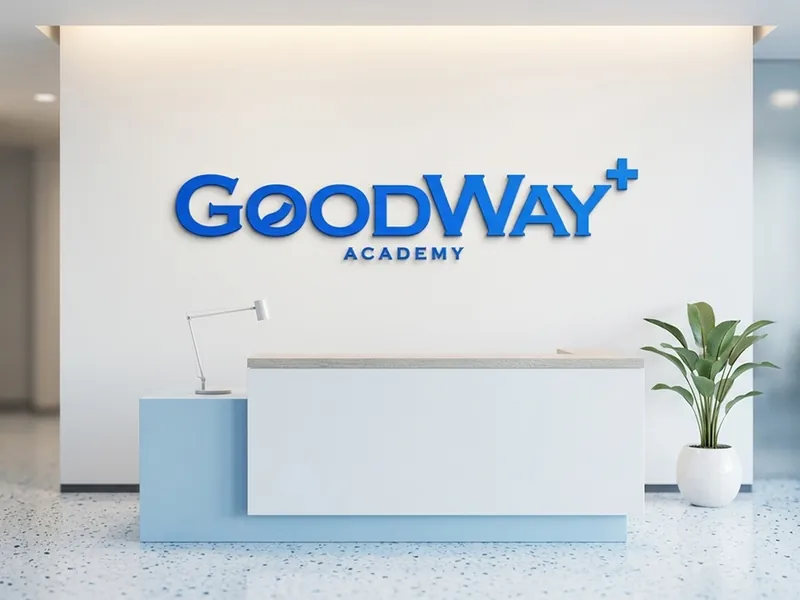 The GoodWay+ Academy logo in blue lettering on a white reception wall above a pale blue front desk