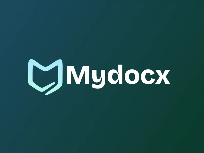 The Mydocx shield-M logo and wordmark in pale teal and white on a deep teal gradient
