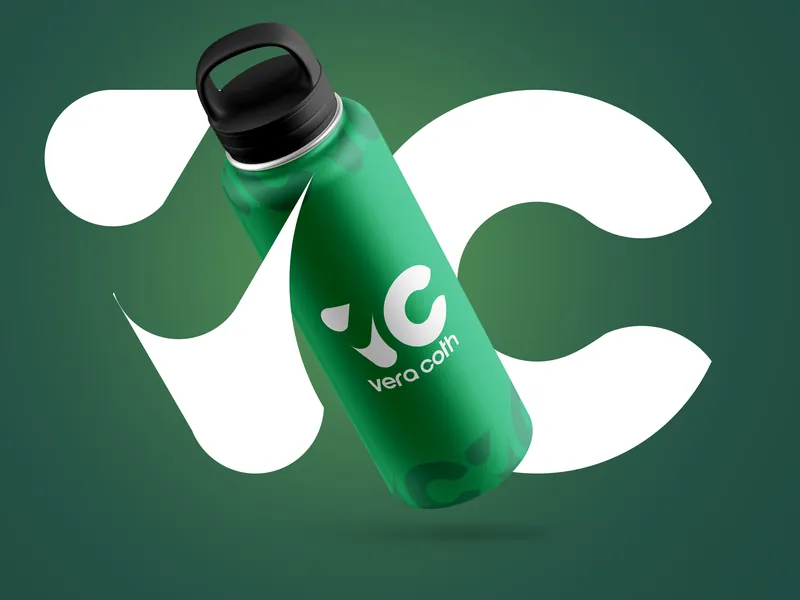 A green Veracoth water bottle with the white VC mark, floating in front of an oversized VC shape on deep green